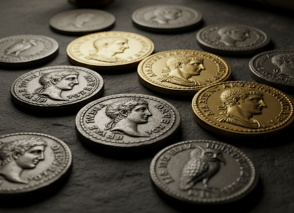 A mix of ancient gold and silver coins displayed on a dark stone background, emphasizing the expertise of Coin Buyers in Portland.