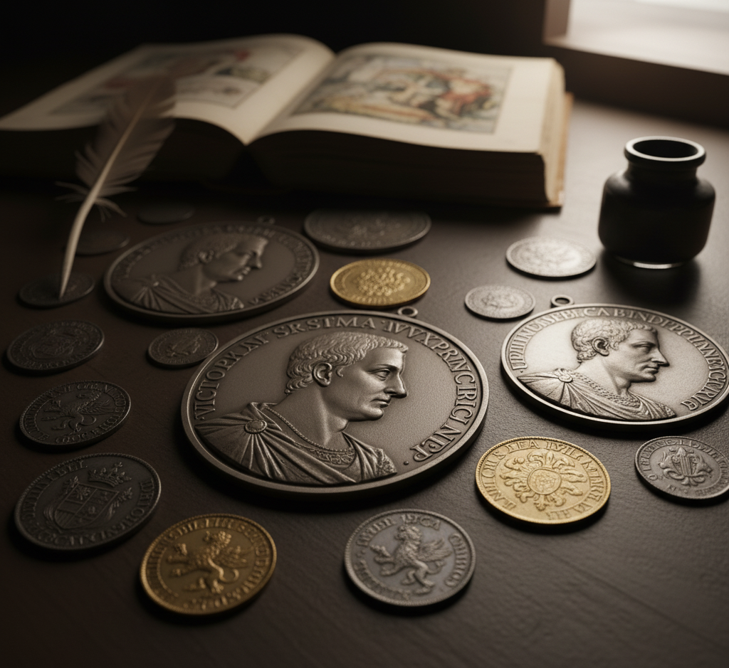 Antique coins beside an open book and quill pen, capturing the detailed appraisal process of Coin Buyers in Portland.