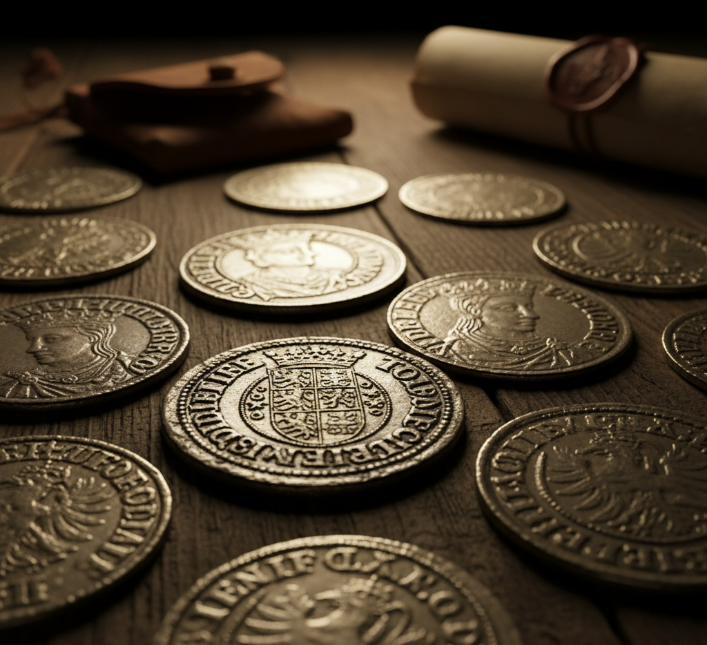Rare European silver coins on a wooden table, reflecting the numismatic knowledge of Coin Buyers in Portland.